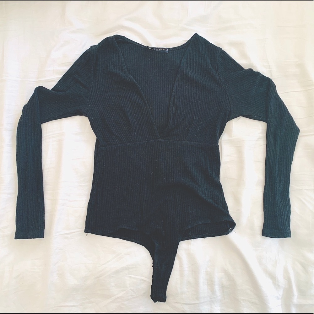 Brandy Melville black ribbed v-neck thong leotard